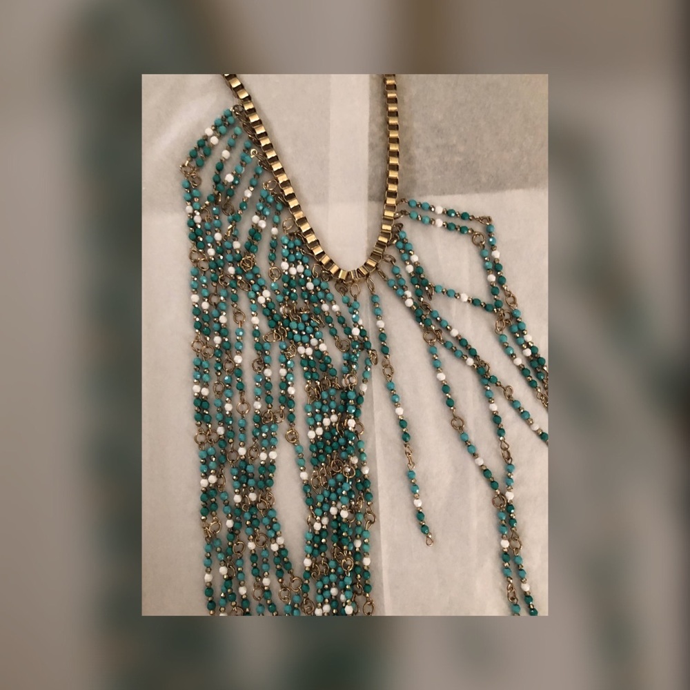 Gold, Turquoise, and White Beaded Necklace - Picture 4 of 5